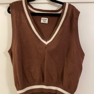 Sunday Best Brown Knit V-Neck Vest with Cream Stripe